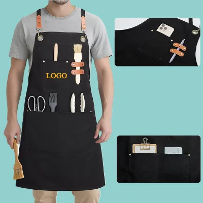 High Quality Custom Logo Canvas Chef Cotton Waiter Unisex Worker Uniform Cooking Kitchen BBQ Bar Work Cafe Restaurant Aprons