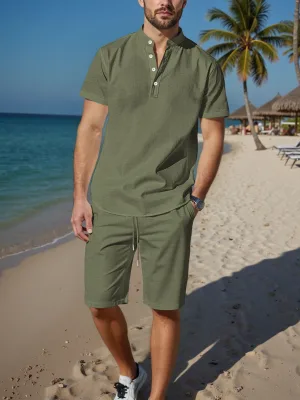 For Cross-border New Men's European American Solid Color Polyester/Cotton Short-sleeve Shirt Long Pants Henley Collar Linen