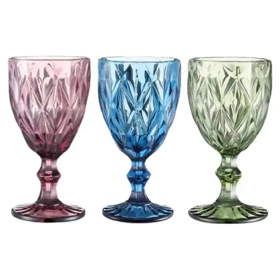 Wholesale 8oz 10oz Glassware Colored Goblet Wine Glasses Water Glass Pressed Blue Glass Goblets