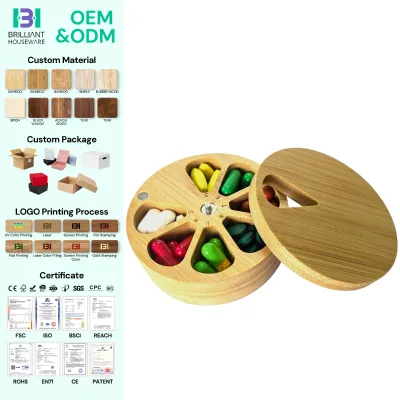 BH Kitchen Salt Spice Cellar Containers Bamboo Wood Daily Weekly Vitamin Medicine Pill Organizer Case Box