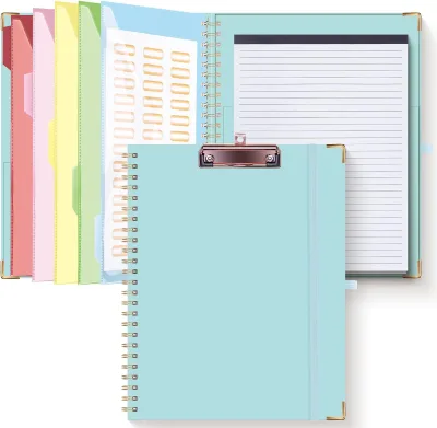 Clipboard Folio With Refillable Lined Notepad for Letter Size 5 Dividers Elastic Pen Holder and File Folder Labels