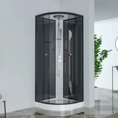 Shower Cabin with Two Grey Tempered Glass Sliding Doors and Two Fixed Doors, As Well As A Luxurious Top Shower
