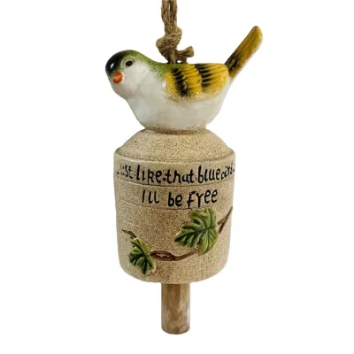 Golden Oriole Ceramic Wind Bell Yellow Bird Sitting on Tree Stump Handmade Home Decor Personalized