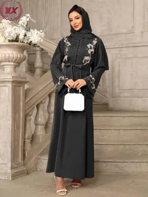 High Quality Muslim Dress in Black Soft Pink Polyester Fabric with Handmade Embroidery Ankle Length Long Sleeve Ethnic Style