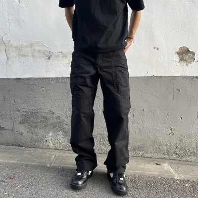 Men's Simple Black Casual Loose High-Waisted Loose Straight-Leg Cargo Pants