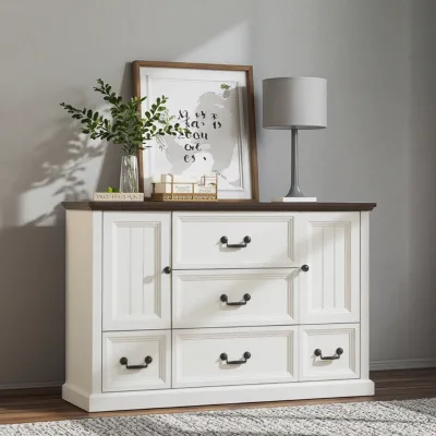 Bien 47.5" Wide Farmhouse Dresser for Bedroom, Wood Rustic Storage with 5 Drawer Vertical Double Dresser