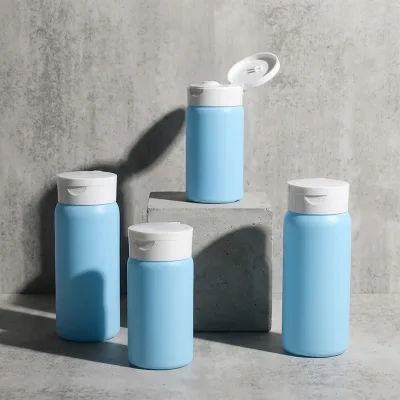 Round Shape Plastic Squeeze Powder Bottles 50ml 100ml Custom Blue Bottle Package for Skin Care