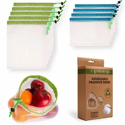 9 Machine-Washable, Reusable Produce Bags: Eco-Friendly Mesh Bags Made From Poly - Fully Transparent with Drawstring - for Fruit