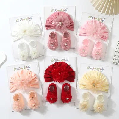 Baby Unisex Breathable Cotton-Polyester Floral Stretchy Pullover Hat Glue-Dot Sock Set with Newborn Headband Summer Floor Socks