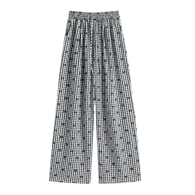 2026 Vintage Plaid Bow New High Waist Wide Leg Women's Pants Drawstring Strappy Waist Women's Straight Pants