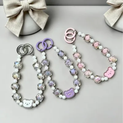 Handmade Bead Acrylic Teddy Bear Mobile Phone Lanyard Short Handheld Wristband Multi-purpose Keychain Bag Hanging Pendant Multi