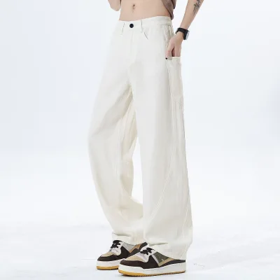 High Quality Customizable White Wide-Leg Denim Cargo Pants for Men Retro Street Baggy Casual Look with Adjustable Belt