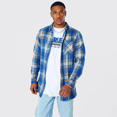 Oem Casual Oversize Button Down Collar Long Sleeve Flannel Plaid Check Pattern Cotton Shirts for Mens