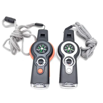 7-in-1 Survival Rescue Whistle, LED Light Thermometer Compass Combo, Outdoor Camping Hiking Emergency Safety Whistle Gear Tool