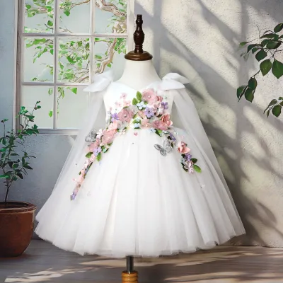 Children's Princess A-Line Bow Flower Girl Pontoon Dress Blue Small Medium-sized One-year-old Polyester Cotton Blend