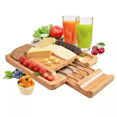 New Bamboo Cheese Board Set Eco-Nature Wooden Knife Set for Home and Kitchen for Cheese Cutting and Camping