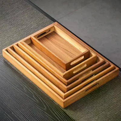 Wholesale Rectangle Wood Serving Tray with Handle Custom Rustic Wooden Tray for Coffee Fruit Storage Tray
