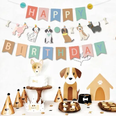 New Dog Print Birthday Party Decorative Pull-Up Fishtail Letter Colourful Flags Atmosphere Venue Decoration Props