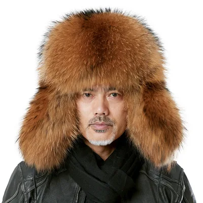 Jancoco Raccoon Fur Earflap Hat Luxury Bomber Russian Fox Fur Hat for Men