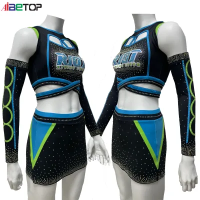 Custom Black Cheer Uniform with Neon Green and Blue Accents Detachable Sleeve Design