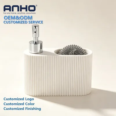 Cream Polyresin Portable Fluted Roman Column Soap Dispenser with Refillable Bottle for Hotel & Bathroom Use