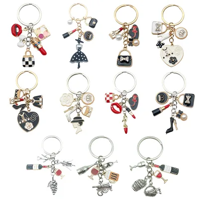 Fashion Delicate Red Black Enamel Lipstick Bag Cosmetics Lip High Heels Red Wine Pendant Keychain Personality Friendship Gift