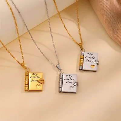 Gold Plated Stainless Steel Book Necklace Women's Couple Love Letter Pendant with Engraved Anniversary Gift Couple Gift