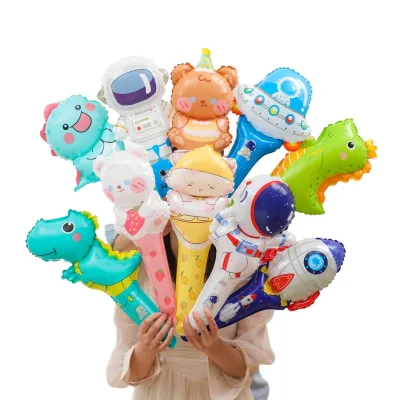 Qudoo Party Children's Day Magic Strip Rocket Dinosaur Aluminum Film Balloon Hand-Held Stick Animation Game Controller Toy