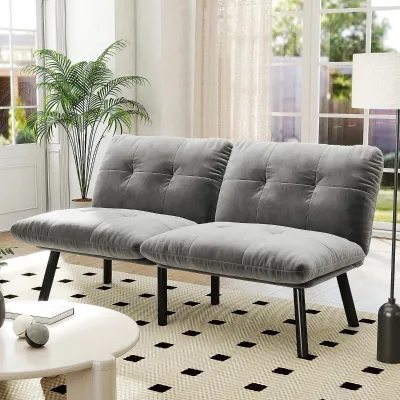 Modern Grey Velvet Foldable Modular Sofa Bed, Adjustable Sleeper Couch with Ottoman for Living Room, Small Apartment, Guest Room