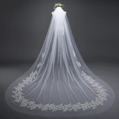 Net Flower Applique Wedding Veil Wedding Dress Flowers Long Trailing Ivory One-Layer Bride Veil