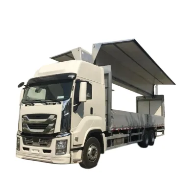 White Wide Cab High Roof 3 Axle Wing Span Box Truck with Side Lift Open Doors, 10 Wheel Cargo Truck for Freight Delivery