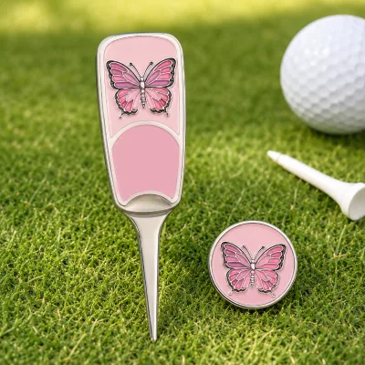 Supplier Wholesale Custom Blank Golf Accessories Customized Metal Pink Butterfly Single Prong Divot Tool and Ball Marker
