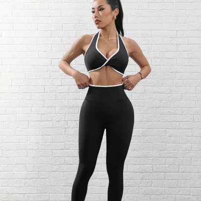 Yoga Suit Women Fashion Neck Sling Bra Yoga Pants Two-piece Quick-drying Breathable Seamless Exercise Training Yoga Suit