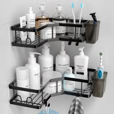 Modern Design Stainless Steel Finish Wrought Iron Corner Rack Punch-Free Bathroom Storage Rack Soap Tripod Style Metal for