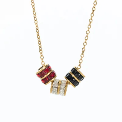 Custom Gold Necklace for Women Cylinder Bead Pendant Red Clear Black Stone Design Jewelry