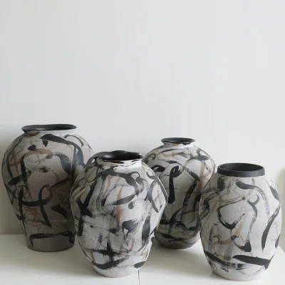 Hand-painted Chinese Calligraphy Ceramic Flower Vases, Modern Entryway Decoration Hotel Decor