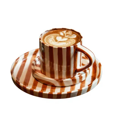 Chinese Summer Striped Ceramic Mug and Saucer Set for Afternoon Tea Microwave Safe 200ml