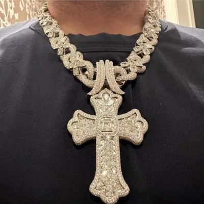 Personalized Handcrafted Masterpiece Marquise Cut Moissanite Iris Cross Charm Necklace With Endless Symbol Cuban Link Chain