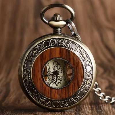 Vintage Wood Circle Design Mechanical Hand-winding Pocket Watch Antique