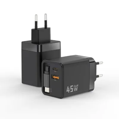 New 45W GaN Dual Port Adapter Fast Charger with Retractable Cable (USB A+C) - Foldable Design