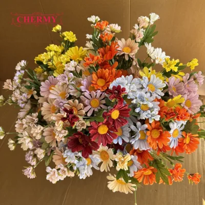 DC299 Factory Wholesale 6-Head Silk Artificial Cosmos Chamomile Daisy Flowers for Wedding Floral Arrangement Party Decoration