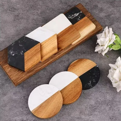 Factory Wholesale Creative Marble Spliced Wooden Placemat Round coaster Acacia Wood Custom coaster