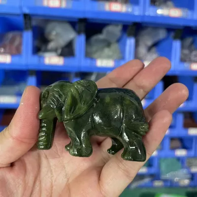 Natural Accept Custom Polished Animal Green Jade with a Drooping Nose Shape 6 cm Elephant Carvings for Fengshui Decorations