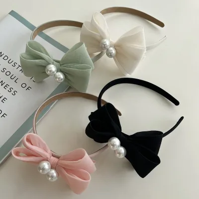 Korean Simple Pearls Big Bow Headband Girls Cute Three Layers Bow Fabric Headband