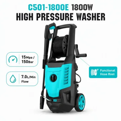 C501-1800E 1800W 15Mpa 150Bar Electric High Pressure Washer 7.0L/Min with Functional Hose Reel for Strong Cleaning