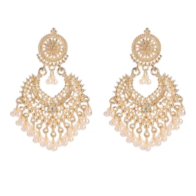 Boho Vintage Gold Color Heart Shape Flower Pearl Tassel Dangle Earrings for Women Wedding Jewelry Ethnic Indian Jhumka Earrings