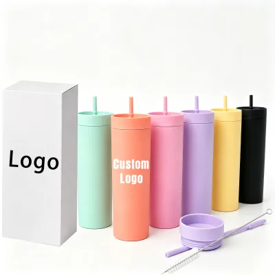 Custom Logo Reusable16oz Matte Acrylic  BPA Free Double Wall Wholesale Plastic Skinny Tumblers Cup With Lids and Straws for DIY