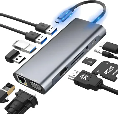 11 in 1 USB C Hub Adapter Type C Laptop Docking Station With VGA Etherne Audio Mic Port