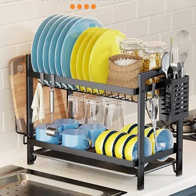 Metal Lacquer 3-Layer Modern Durable Standing Kitchen Dish Storage Rack Pot Holder Dish Bowl Drain Multifunction 3-4L Capacity