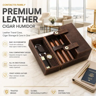 Vintage Genuine Leather Luxury Portable Travel Cigar Humidor Built-in Hygrometer Dual Storage Box Tool Storage Area Factory Bulk
